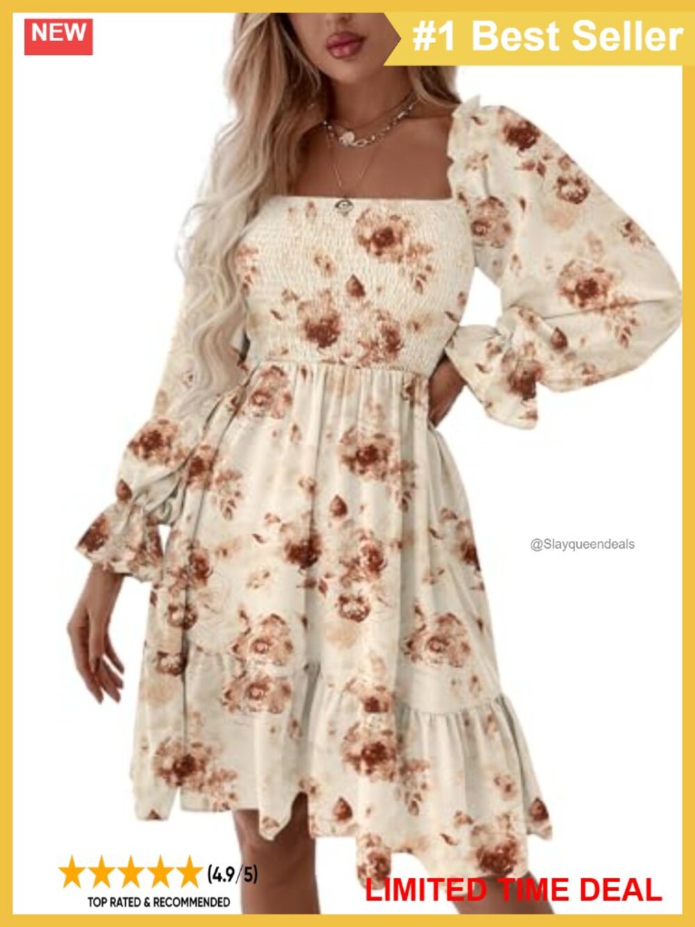 Shirred Square Neck Ruffle Mini Dress Long Sleeve Party Club